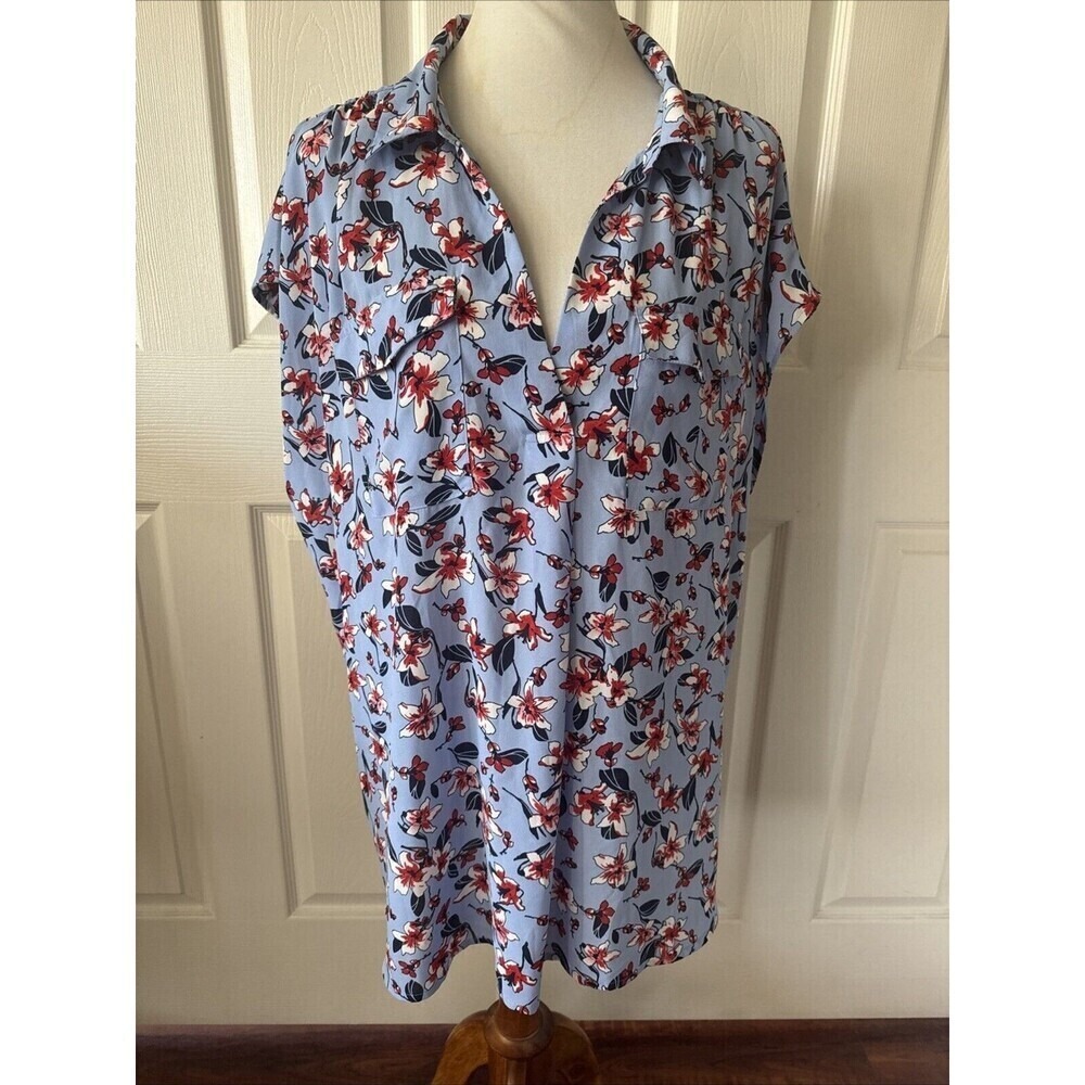 Roz Ali Womens Top Plus 3X Floral Boho Pockets Cottage‎ Core Flower Short Sleeve